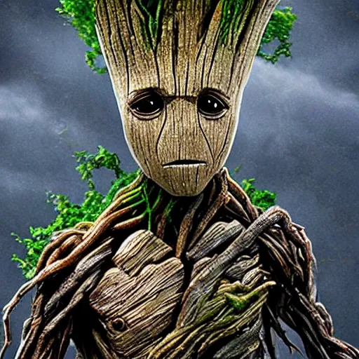 Prompt: groot with metal armor, 4k realistic photo
