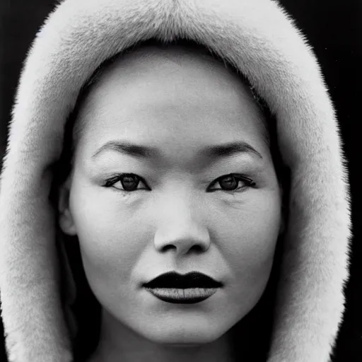 Prompt: black and white vogue closeup portrait by herb ritts of a beautiful female model, inuit, high contrast