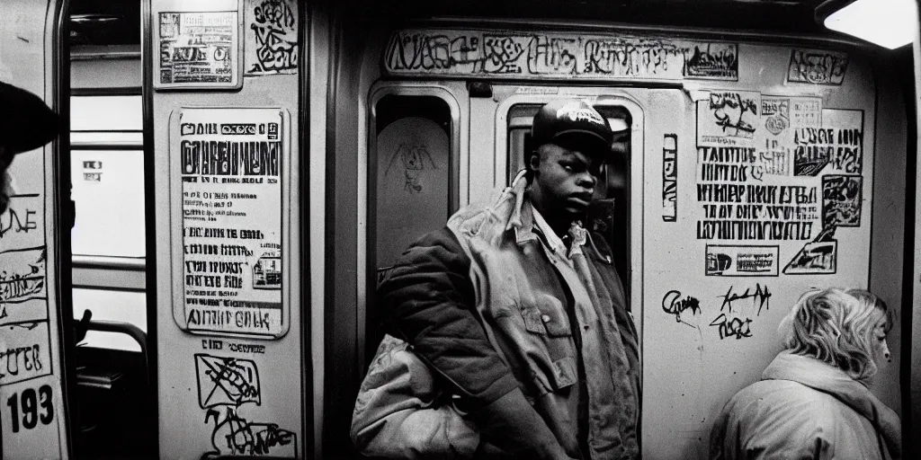 Image similar to new york subway cabin 1 9 8 0 s inside all in graffiti, man in carhartt jacket closeup, policeman closeup, film photography, exposed b & w photography, christopher morris photography, bruce davidson photography