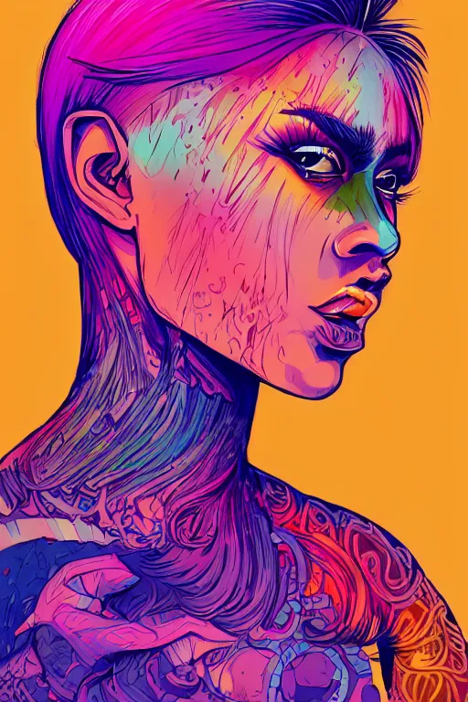 Image similar to a award winning half body portrait of a beautiful woman with stunning eyes in a printed croptop and cargo pants with rainbow colored ombre hairstyle head in motion and hair flying by josan gonzales, outrun, vaporware, shaded flat illustration, digital art, trending on artstation, highly detailed, fine detail, intricate