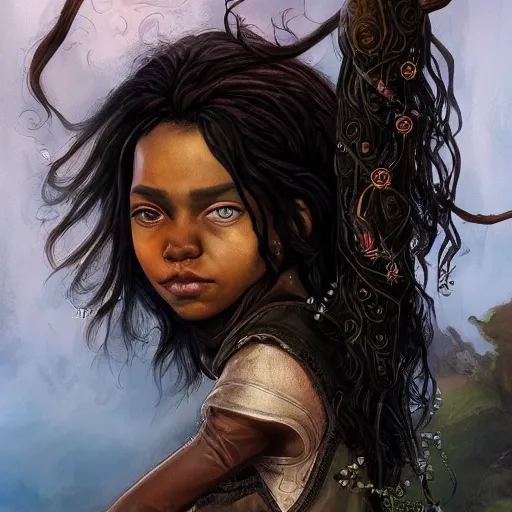 Image similar to happy birthday beautiful worrier girl, cover of a magnificent fantasy book by Neil Gaiman, highly detailed portrait of a beautiful black hair girl, trending on artstation