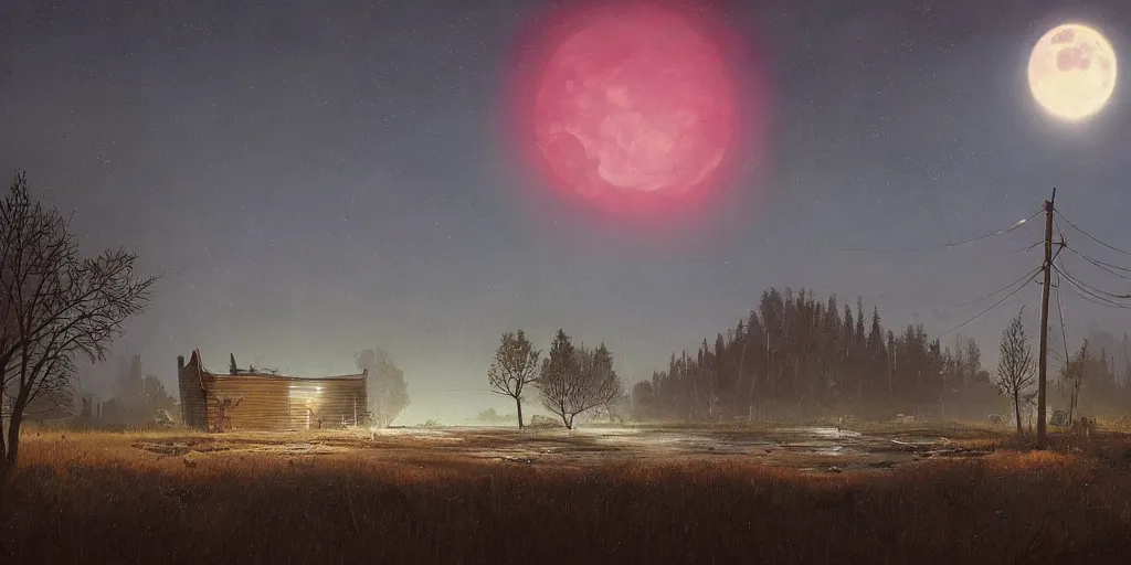 Prompt: abandoned civilisation at night, moonlight lighting, landscape painted by simon stalenhag