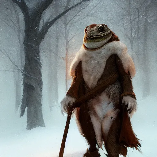 Image similar to anthropomorphic turtle humanoid, carapace, greg rutkowski, blizzard, winter, night, furs, fantasy