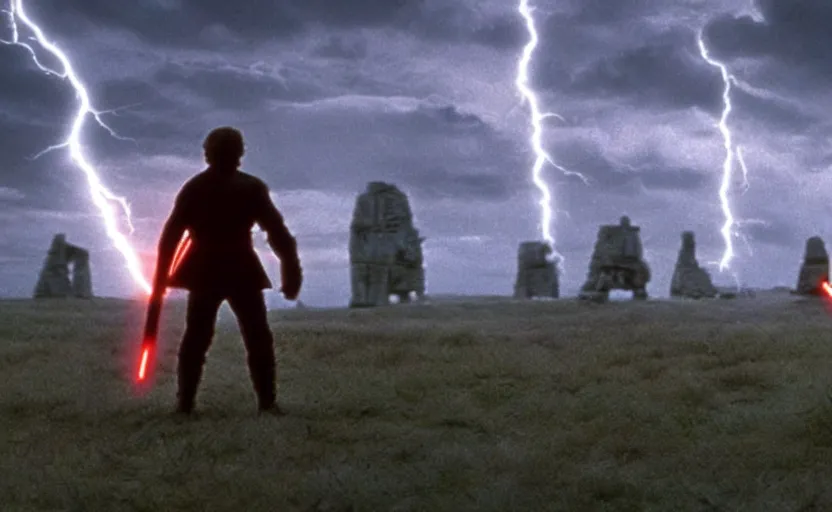 Image similar to screenshot portrait of Luke Skywalker in a windy lightning battlefield with scattered ruins of a fiery jedi rock temple, surrounded by giant AT-AT walkers, with young jedi army behind him, iconic scene from 1970s film by Stanley Kubrick, last jedi, 4k HD, cinematic lighting, beautiful portrait of Mark Hammill, moody scene, stunning cinematography, mcu effects, anamorphic lenses, kodak color film stock