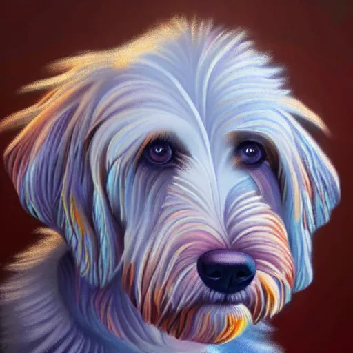 Prompt: luminescent colorful detailed airbrush painting of labradoodle dog detailed 4 k