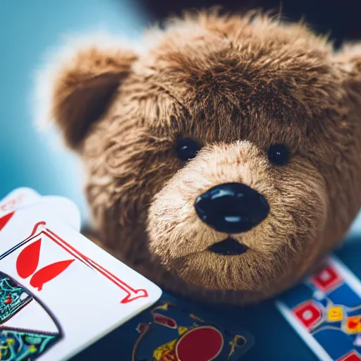 Image similar to a photograph of a teddybear holding a pack of playing cards, 50mm, depth of field