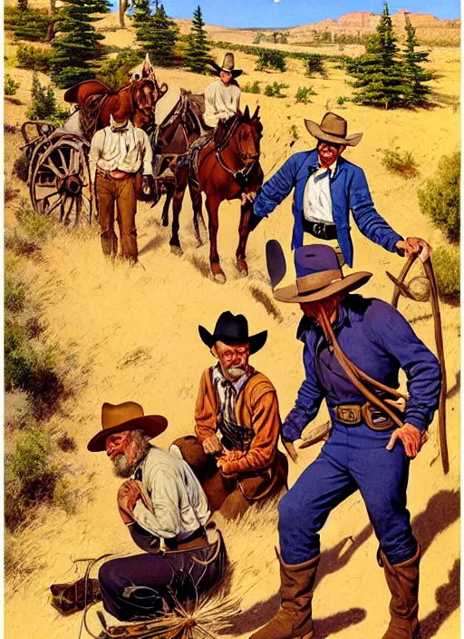 Prompt: old west wagon trail, oregon trail. portrait by jean giraud and anton otto fischer and john philip falter and will eisner and gil elvgren