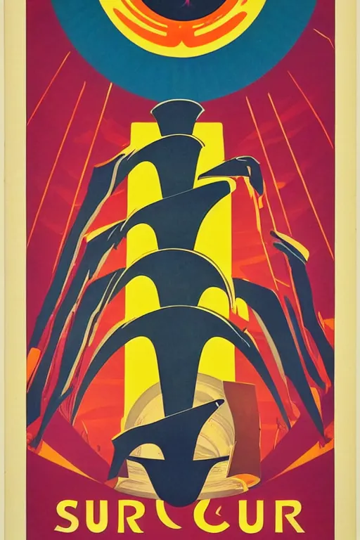 Image similar to poster of the sun, 1 9 5 0 s style, futuristic design, dark, symmetrical, washed out color, centered, art deco, 1 9 5 0's futuristic, glowing highlights, intense