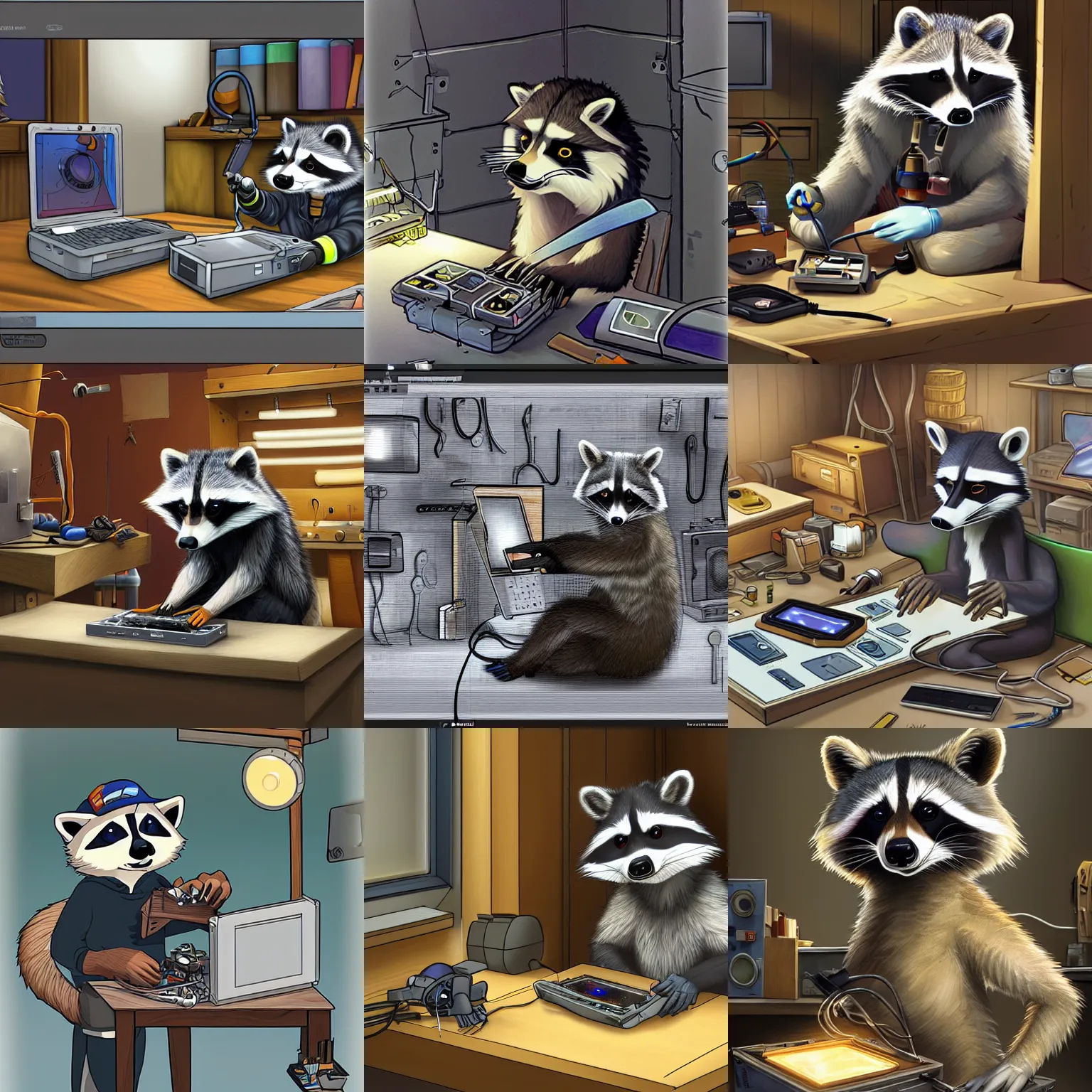 Prompt: FurAffinity art of a raccoon in his workshop tinkering with electronics, realistic shading, trending on FurAffinity