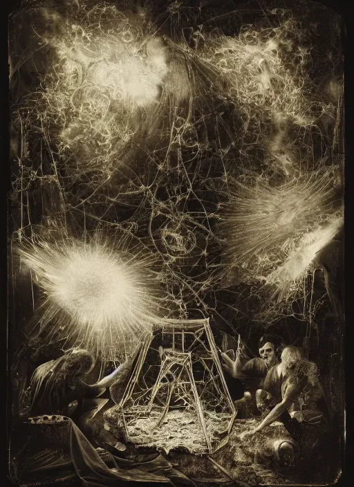 Image similar to old wetplate daguerreotype portrait of creation of time, explosion of data fragments, fractal, intricate, elegant, highly detailed, parallax, leica, medium format, subsurface scattering, by jheronimus bosch and greg rutkowski and louis jacques mande daguerre