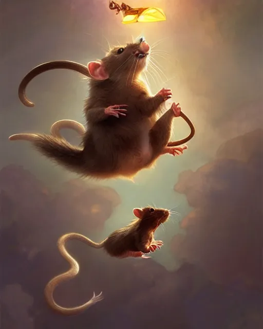 Image similar to cute pet rat parachuting from a plane, deep focus, d & d, fantasy, intricate, elegant, highly detailed, digital painting, artstation, concept art, matte, sharp focus, illustration, hearthstone, art by artgerm and greg rutkowski and alphonse mucha