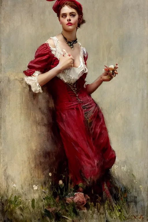 Prompt: Solomon Joseph Solomon and Richard Schmid and Jeremy Lipking victorian genre painting full length portrait painting of a young beautiful woman traditional german french actress model pirate wench in fantasy costume, red background