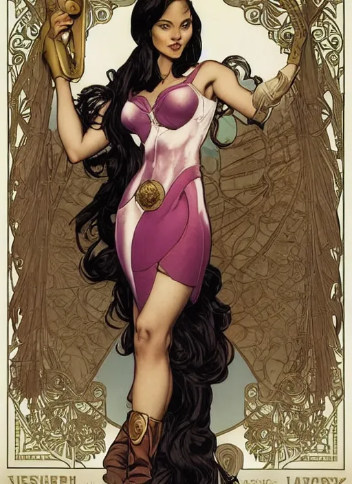 Image similar to slim young april with a mischievous face and long chesnut wavy hair dressed as a superhero in her early twenties, posing with her arms tucked behind her back, lady liberty, tight fit, curvaceous, intricate detailed face, shiny, art by joshua middleton and greg rutkowski and alphonse mucha