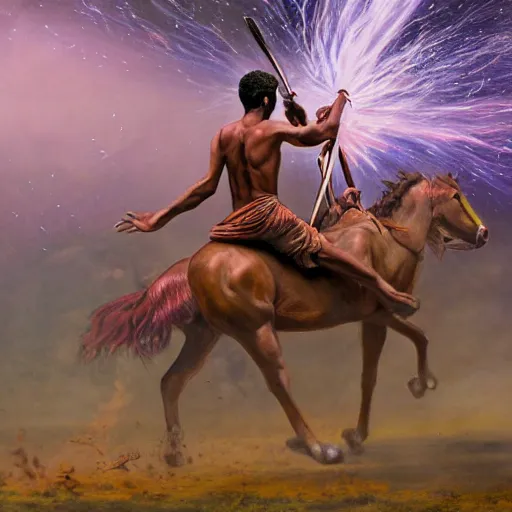 Image similar to portrait of head and body, single bangla farmer fighting on hoseback, hand to hand combat with machete, wielding machete, full body view, long flowing hair, fighting for his life, nebula aura surrounding subject, horseback combat attacker foreground, background of invading army, nestor canavarro hyperrealist art style, sharp outlines