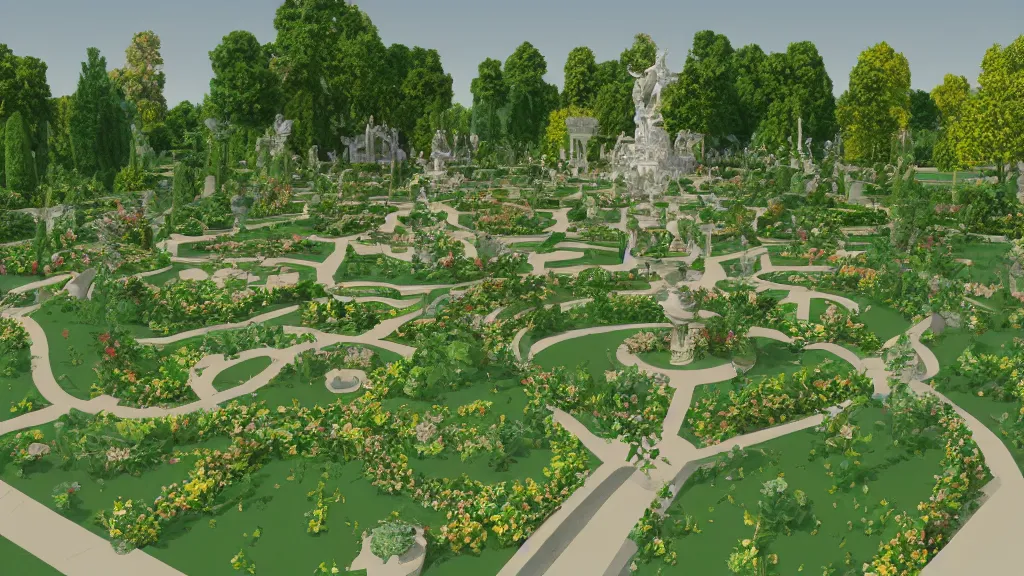 Prompt: versailles garden in an early 3 d low polygon style