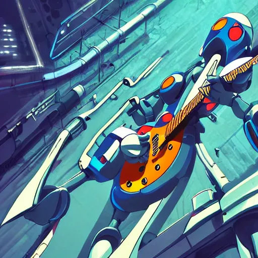 Image similar to A cell animation of a robot shredding a guitar solo in a futuristic city street, macross, gundam, ghibli style, illustration, anime, trending on artstaion