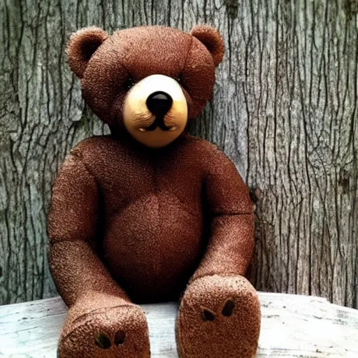 Prompt: “Teddybear, on a dresser, in the woods, horror style”