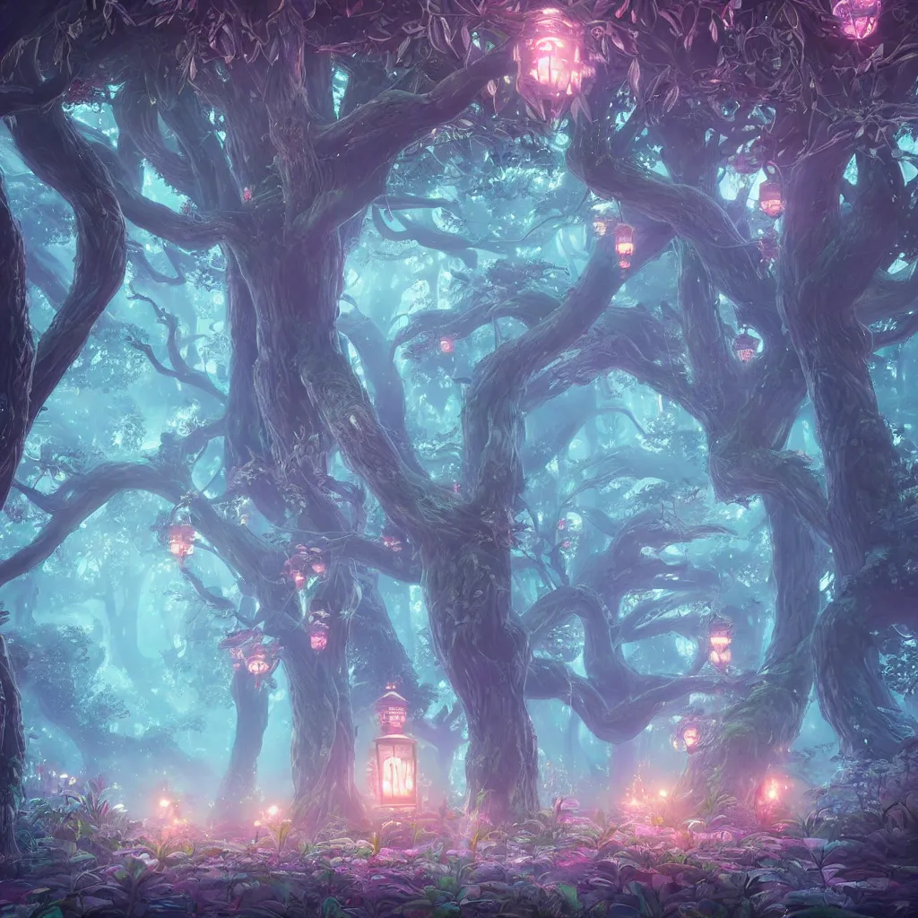 Image similar to huge trees and lanterns, misty nighttime. radiating rich energy. photorealistic, moody atmosphere, volumetric shading, holographic dreamlike, intricate and detailed, vivid colors. ori and the blind forest, breath of the wild style, by miyazaki ghibli!!!. trending on artstation. award winning, daily deivation. pastel!! pink accents.