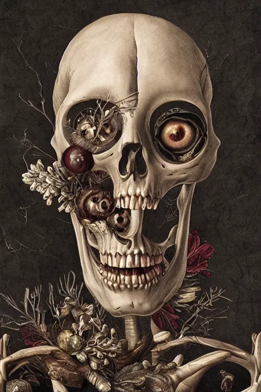 Prompt: Detailed maximalist portrait with large lips and large eyes, angry, exasperated expression, botanical skeleton, extra flesh, HD mixed media, 3D collage, highly detailed and intricate, surreal illustration in the style of Caravaggio, dark art, baroque