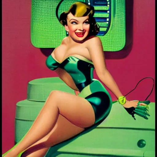Prompt: portrait of pin up robot in a neon green bikini, art by gil elvgren, earl moran, joyce ballantyne, art frahm
