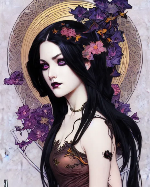Image similar to portrait of beautiful goth girl cosplay with black hair, art by stanley lau and artgem and wlop and magali villeneuve and alphonse mucha and terry moore and greg rutkowski