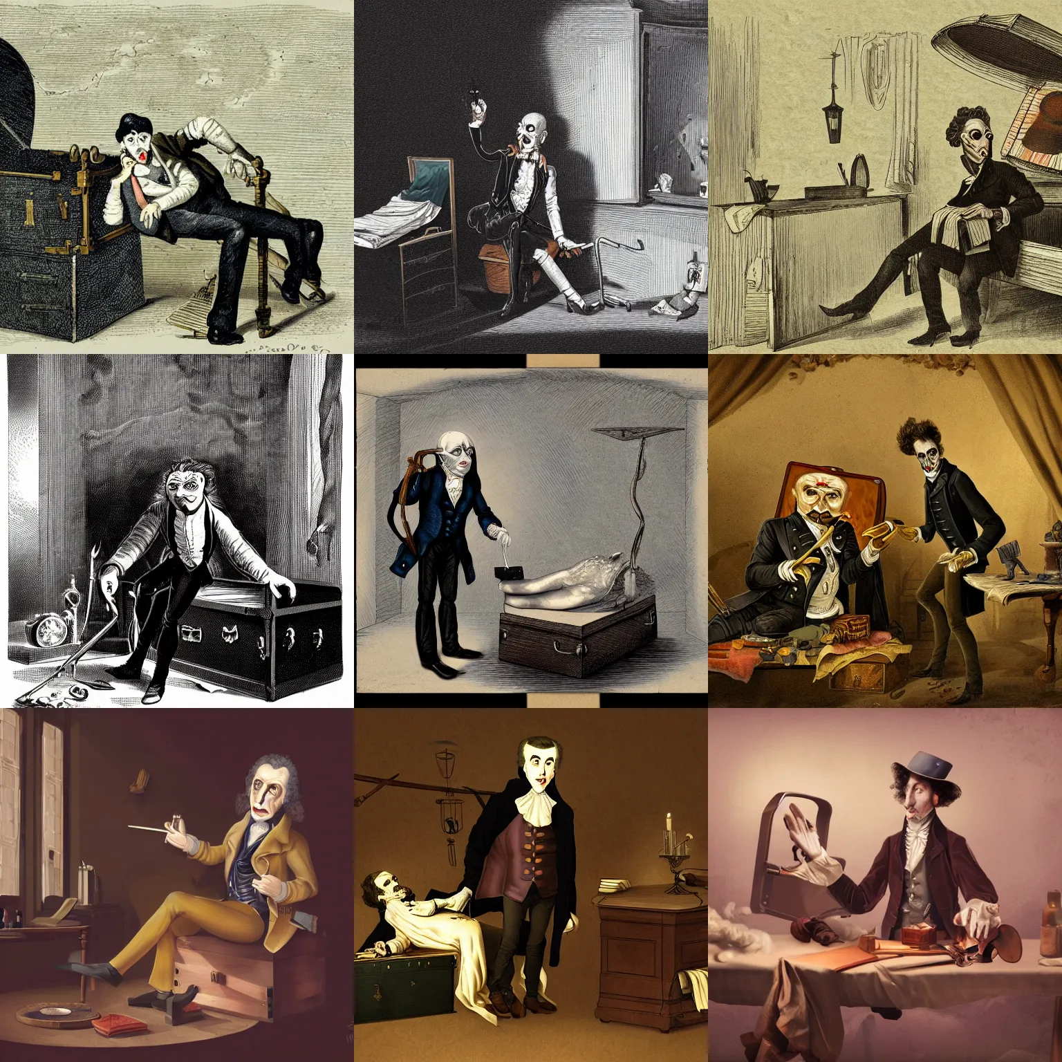 Prompt: 18 century doctor, male, elegant, in suitcase, digital fantasy art, evil eyes, insane, behind table with corpse, with saw in hand, under light, at late evening