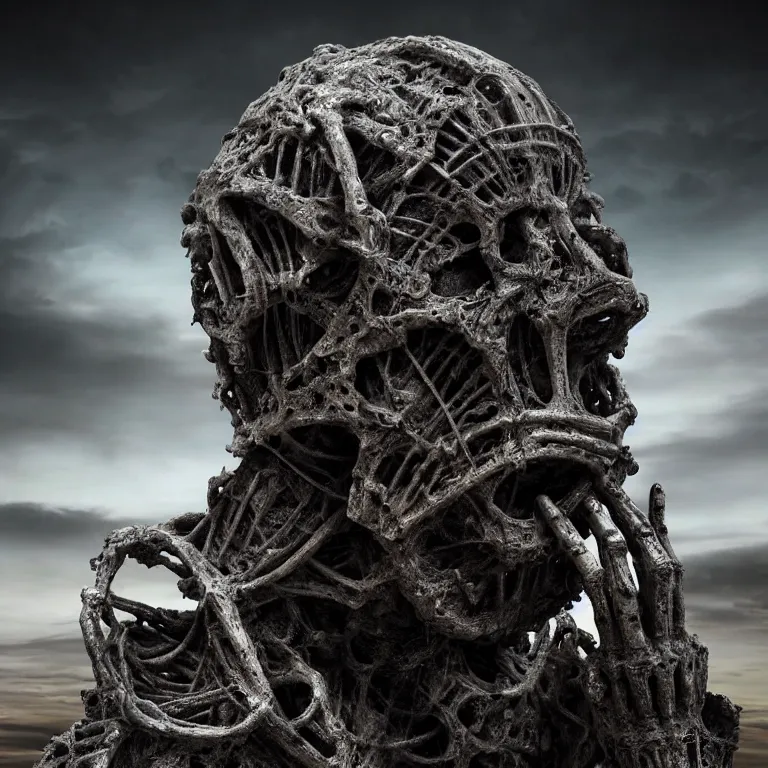 Prompt: closeup portrait of surreal mysterious abandoned ribbed broken old statue designed by Giger in the foreground, in wastelands on exoplanet at night, dark clouds, dark washed tint black, dream-like heavy atmosphere, dark baroque painting, beautiful detailed intricate insanely detailed octane render trending on Artstation, 8K artistic photography, photorealistic, dramatic cinematic perfect light, harsh flash photography, chiaroscuro, award-winning photograph, masterpiece, Raphael, Caravaggio, Beksinski, Giger