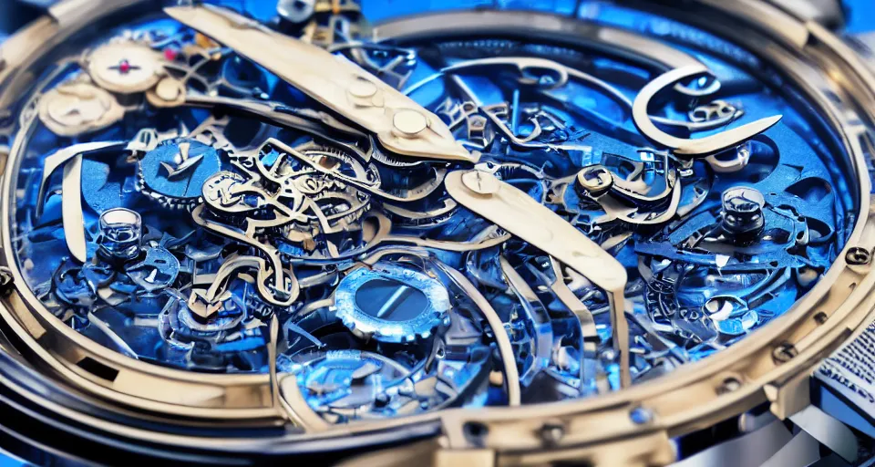 Prompt: complex 3 d render of a futuristic steampunk watch lying on a table, high detail, sharp focus, glowing blue interior components, fractal detail, depth of field, bokeh, cinematic lighting and composition, octane render, film grain, by syd mead and greg rutkowski and android jones, rolex