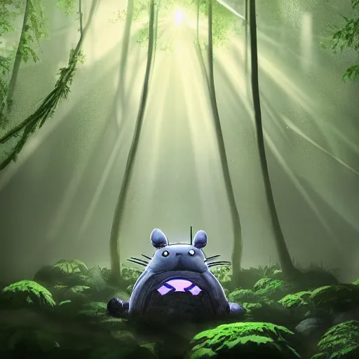 Image similar to A forest with a ray of light shining down onto the forest floor, soot sprouts floating, totoro hiding behind tree, magical, enchanting, beautiful, fantasy, digital art, high detail, excellent quality, 4K, OLED