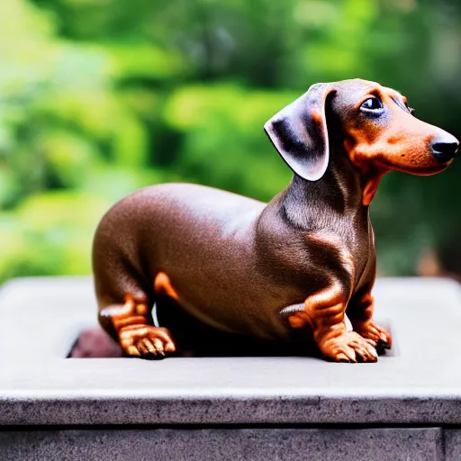 Prompt: Professional photograph of a deformed dachshund growing in a bonsai pot