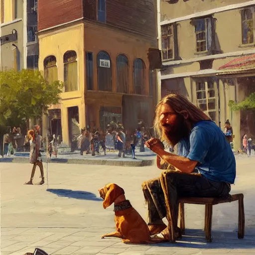 Image similar to oil painting of a young man with long hair blond and a beard hippie style with his golden retrever dog playing guitar in the square for money, people watching around, by greg rutkowski, artstation