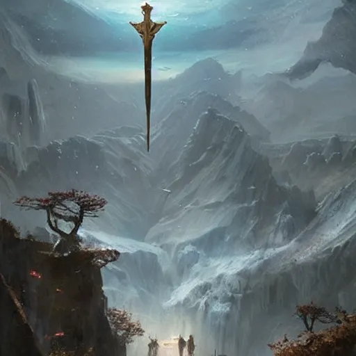 Image similar to a legendary epic landscape resembling the ace of swords tarot card by greg rutkowski, painterly!!, highly detailed