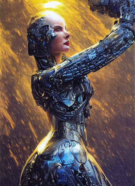 Prompt: a biblical diabolical beautiful female android, hawk, shiny hi - tech armor, dynamic pose, splashing, heavy eyes to the side, closeup, bright glowing veins, in clouds, rain, sunset, portrait, by gerald brom, by mikhail vrubel, by peter elson, muted colors, extreme detail, reflections, trending on artstation, 8 k