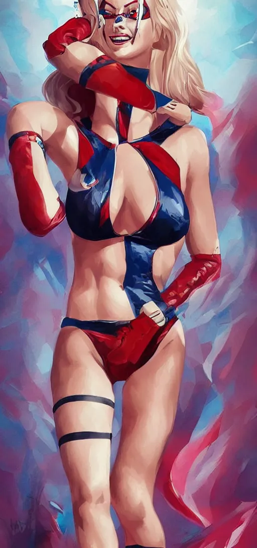 Image similar to margot robbie as harley quinn in a swim suit by artgerm, full body, epic composition