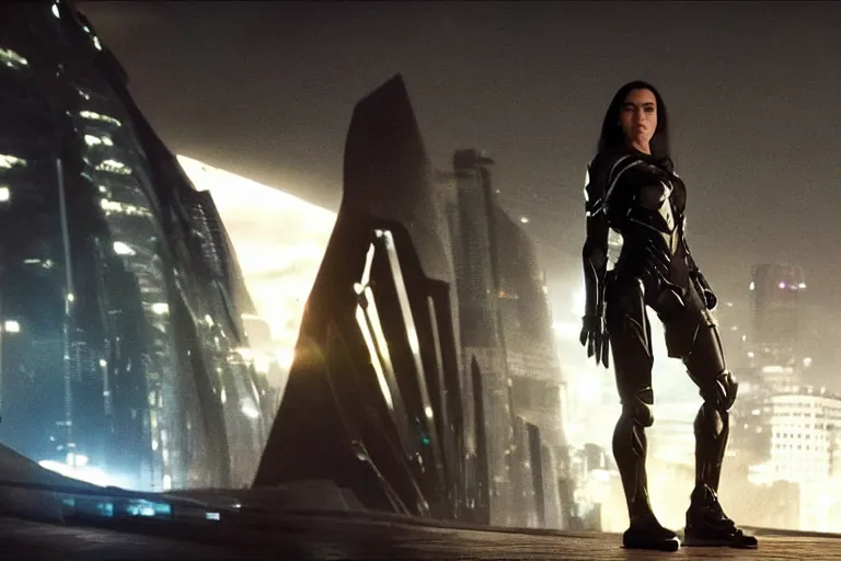 Image similar to VFX movie closeup of a gorgeous futuristic woman in black spandex armor in future city, hero pose, beautiful skin, natural city night lighting by Emmanuel Lubezki