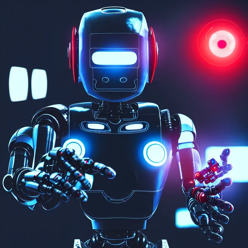 Image similar to a film still of a robot with red eyes playing video games, cool, photo, realistic, hd, intricate details, soft lighting, cyberpunk, cinematic, beautiful, 1 6 k