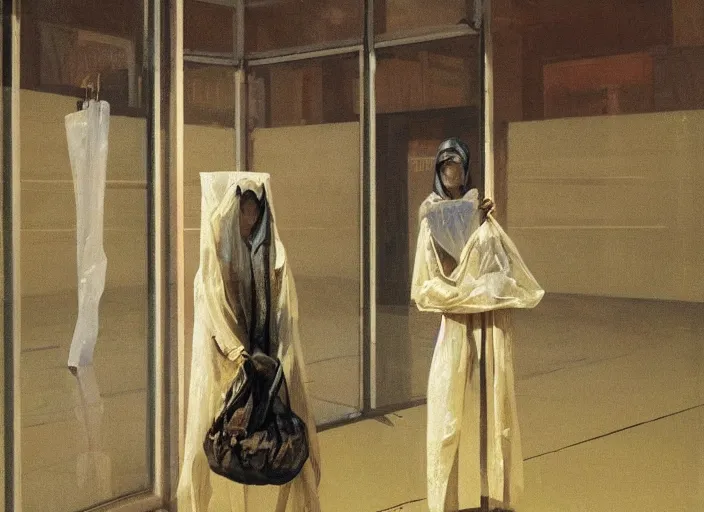 Image similar to woman in a translucent clothing made from plastic bag with paper bags for clothes standing inside paper bags with paper bag over the head at store display on flooded night street Edward Hopper and James Gilleard, Zdzislaw Beksinski, highly detailed