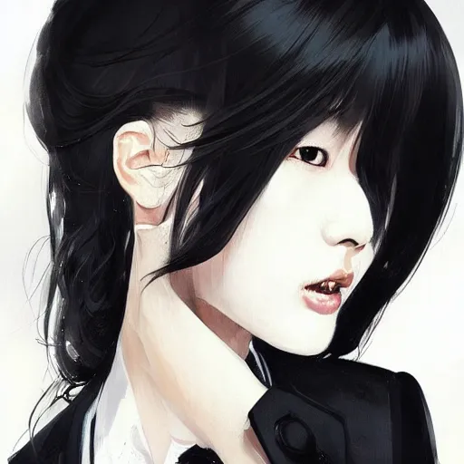 Image similar to portrait of a beautiful korean girl wearing a men's tuxedo, with bangs, very long hair and bangs, angular features, angry expression, dramatic lighting, illustration by Greg rutkowski, yoji shinkawa, 4k, digital art, concept art, trending on artstation