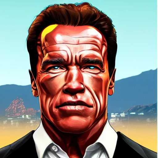 Image similar to Arnold Schwarzenegger in GTA V, cover art by Stephen Bliss, artstation, no text