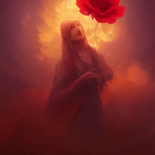 Image similar to a Rose on fire, fog, volumetric lighting, intricate, elegant, highly detailed, digital painting, artstation, concept art, smooth, sharp focus, illustration, art by artgerm and greg rutkowski and alphonse mucha