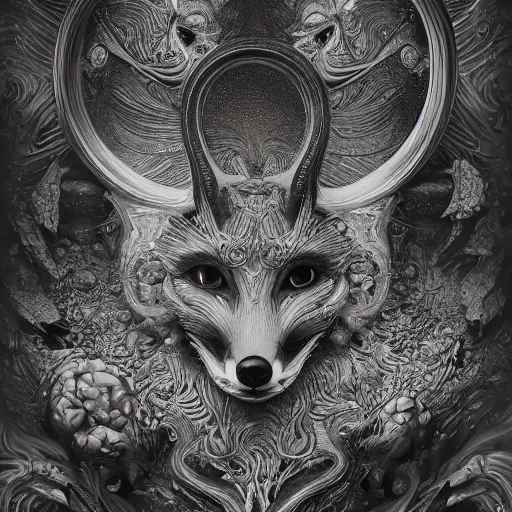 Prompt: a beautiful surreal fox and skulls, highly detailed, liquid oilpaint, gustave dore, leonardo da vinci, trending on artstation, lucid and intricate, rectilinear, digital art, octane, redshift, vray, 8 k, 6 4 megapixels, zbrush central, behance hd, hypermaximalist, well rendered