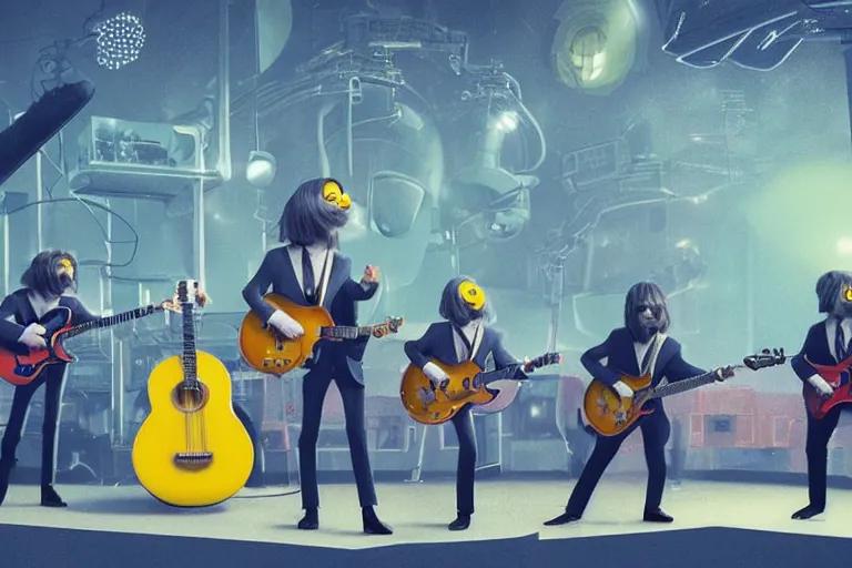 Image similar to the beatles performing with guitars, a giant yellow minion at background, sci fi, art by mike winkelmann, trending on cgsociety, retrofuturism, darksynth, sci - fi