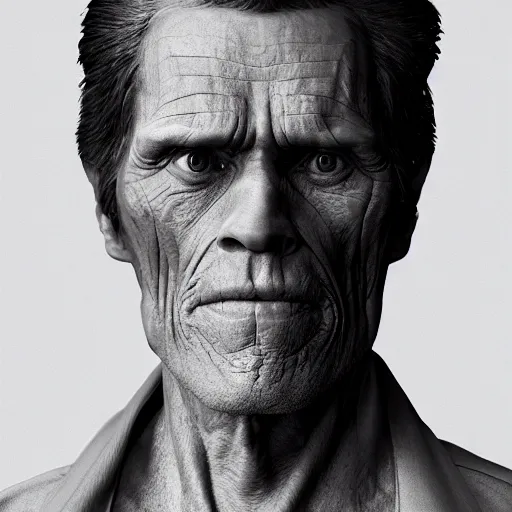 Image similar to william dafoe, dark lighting, uncanny, 8 k, octane render