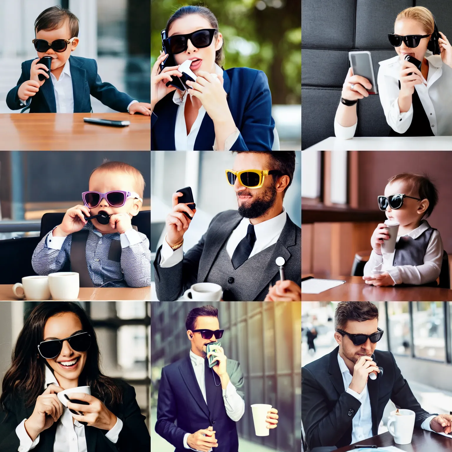 Prompt: baby in a business suit with sunglasses drinking coffee and taking a phone call