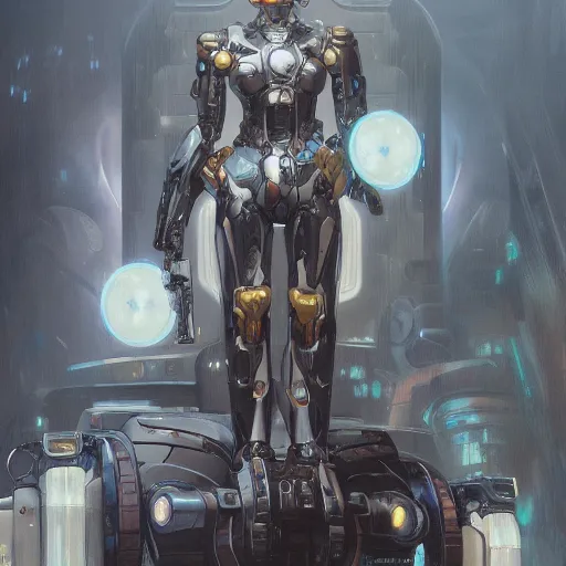 Image similar to a full length portrait of a giant autonomous polished steel battle mecha, a moody sci - fi painting art by artgerm and greg rutkowski and alphonse mucha, trending on artstation, smooth arstation, detailed, highly detailed matte painting, cinematic