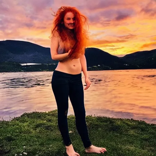 Image similar to full body photo of beautiful Norwegian women with long ginger hair with sunset behind her, Instagram photo