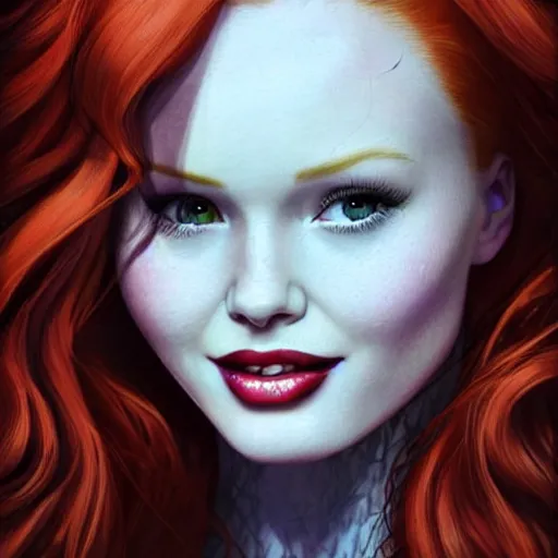 Prompt: beautiful Madelaine Petsch poison ivy DC comics taking a selfie, evil smile, realistic character concept, medium shot, fun pose, comic book, illustration, slender symmetrical face and body, artstation, cinematic lighting, hyperdetailed, cgsociety, 8k, high resolution, Charlie Bowater, Tom Bagshaw, single face, insanely detailed and intricate, beautiful, vfx, postprocessing