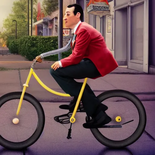 Image similar to Pee-Wee Herman on his bike outside an Adult Movie theater, digital art, hyper realistic, 8k