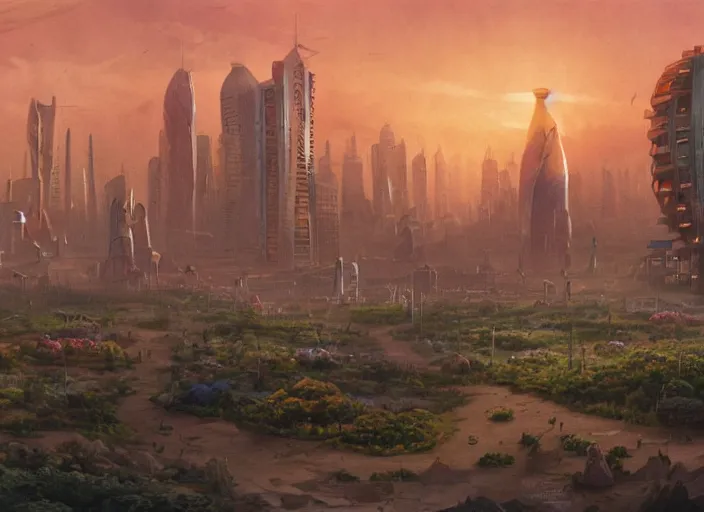 Image similar to garden city on a cared - for planet, cinematic matte painting