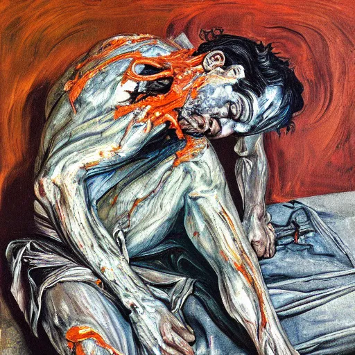 Prompt: high quality high detail painting of a dark figure in agony by lucian freud and jenny saville and francis bacon, hd, dark demonic dancer, turquoise and orange